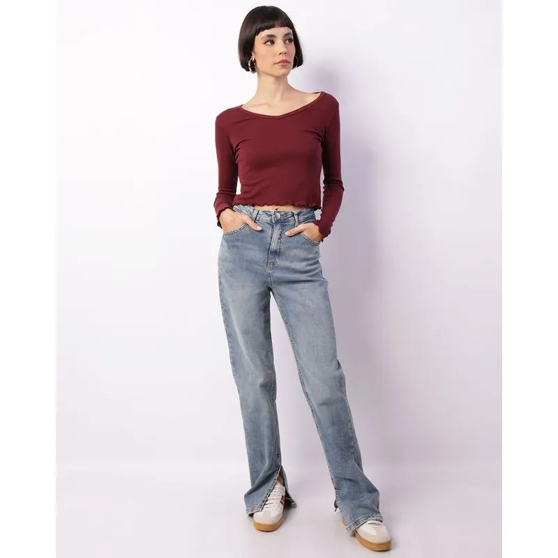 Calça Jeans Feminina Reta Estonada Com Fenda Azul 46