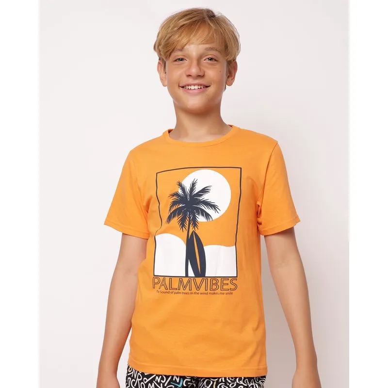 Camiseta Juvenil Algodão Estampa Tropical Laranja 10