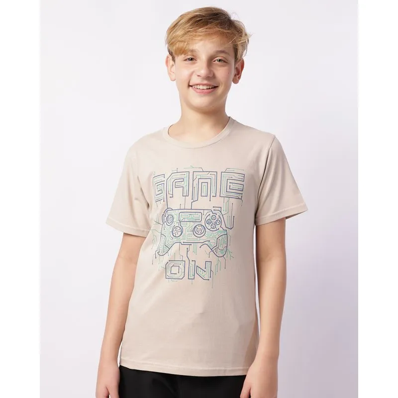 Camiseta Juvenil Algodão com Estampa Game Manga Curta Bege 14