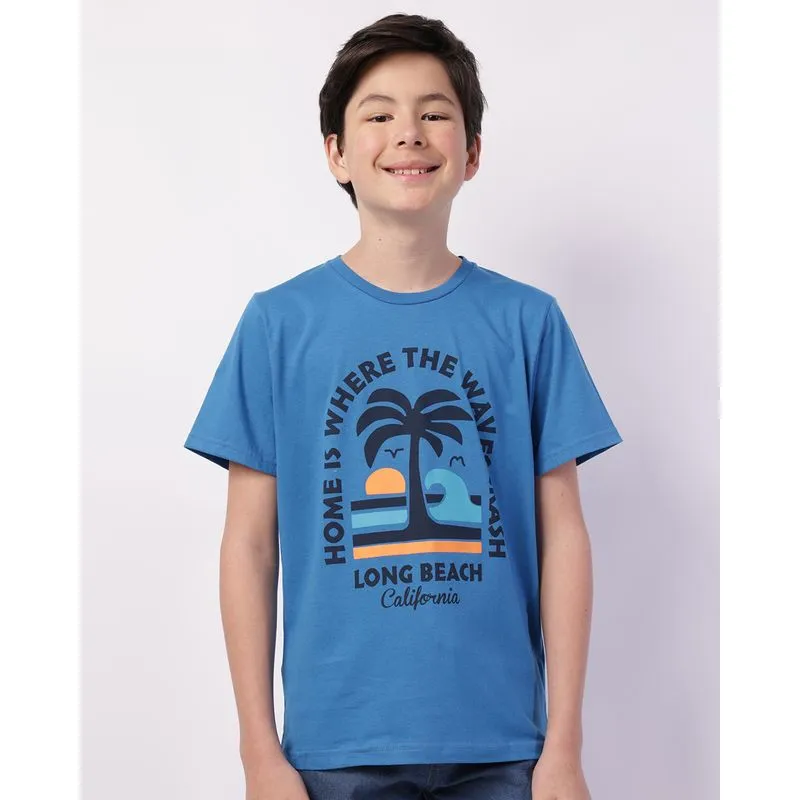 Camiseta Juvenil Algodão Estampa Tropical Manga Curta Azul 14