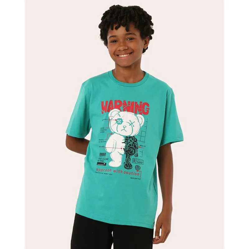 Camiseta Juvenil Algodão Estampa Warning Manga Curta Verde 10