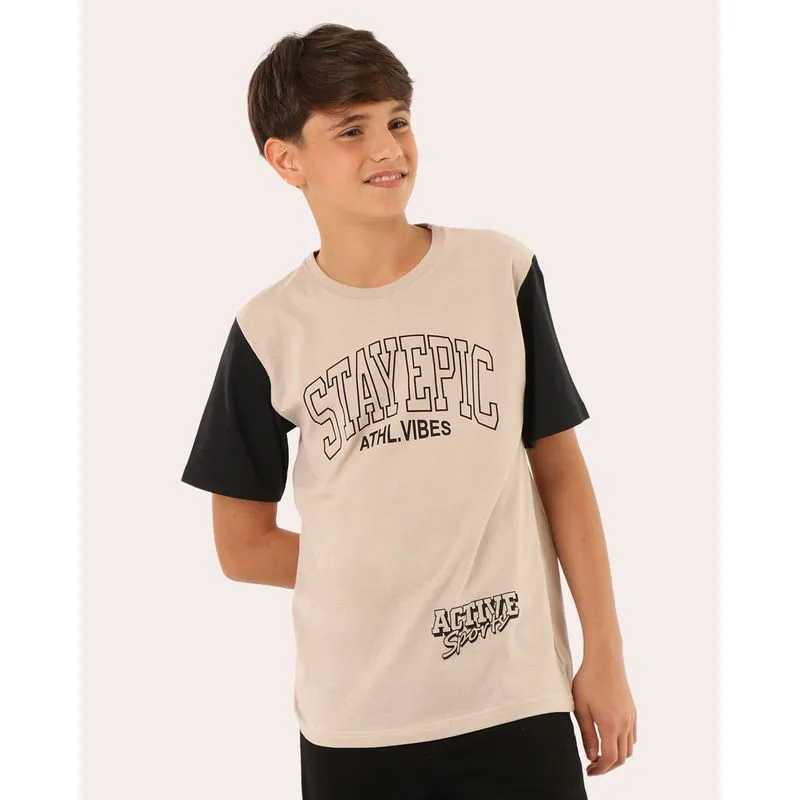 Camiseta Juvenil Bicolor Stay Epic Manga Curta Bege 18