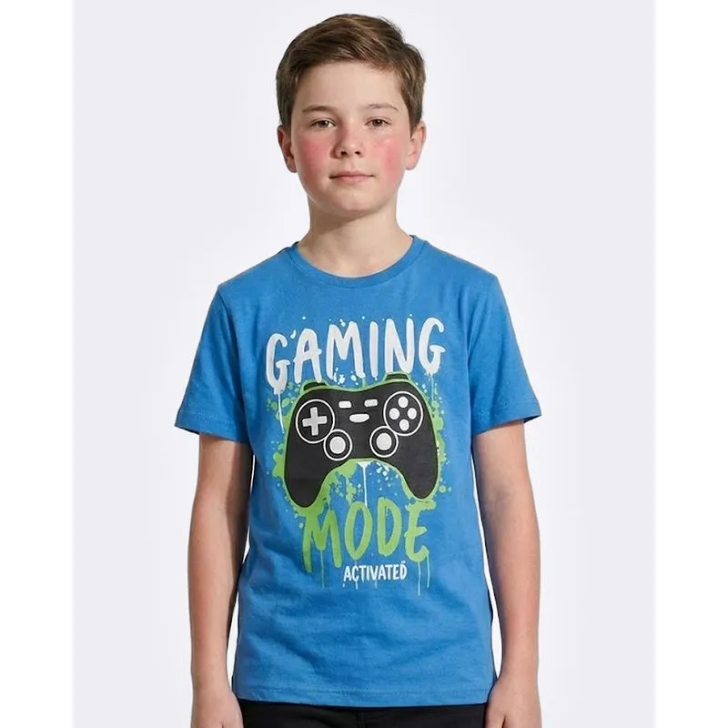 Camiseta Juvenil Algodão Estampa Gaming Mode Azul 12