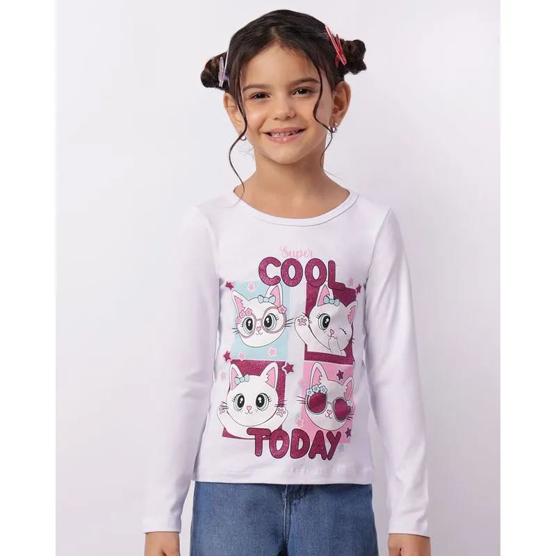 Blusa Infantil Manga Longa Estampa Gatinhos Com Glitter Branca 10