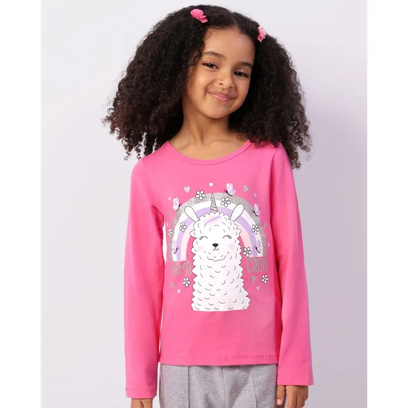 Blusa Infantil Manga Longa Estampa Frontal Com Glitter Rosa 4