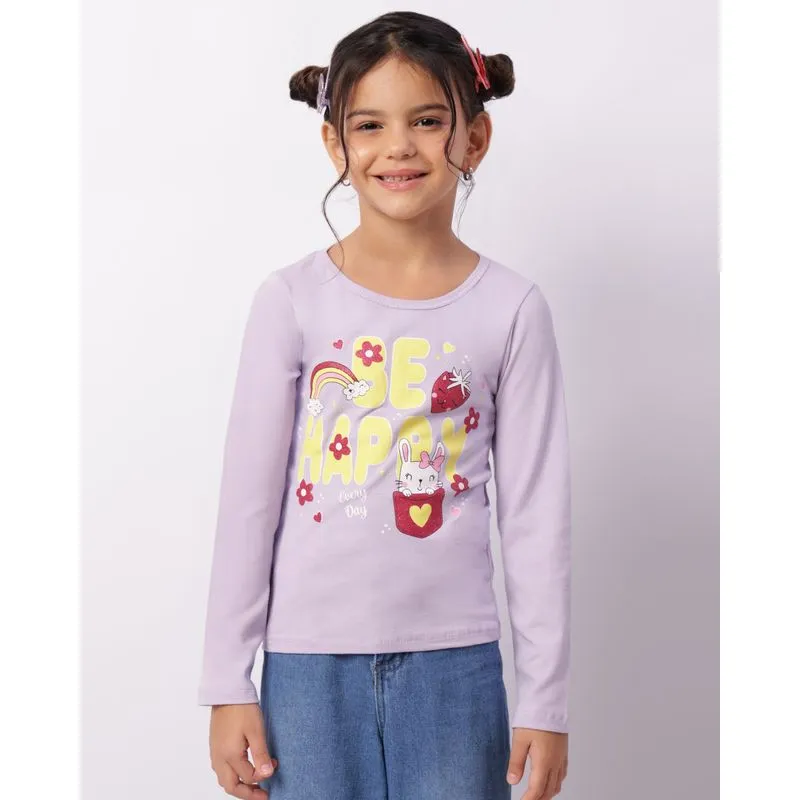 Blusa Infantil Manga Longa Estampa Frontal Com Glitter Lilás 6