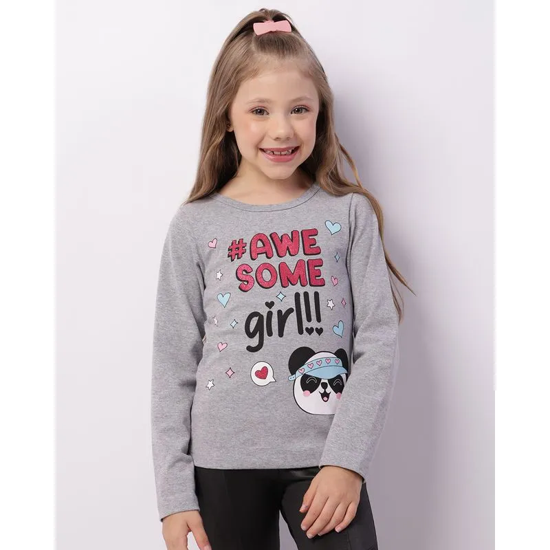 Blusa Infantil Manga Longa Estampa Frontal Com Glitter Cinza 6