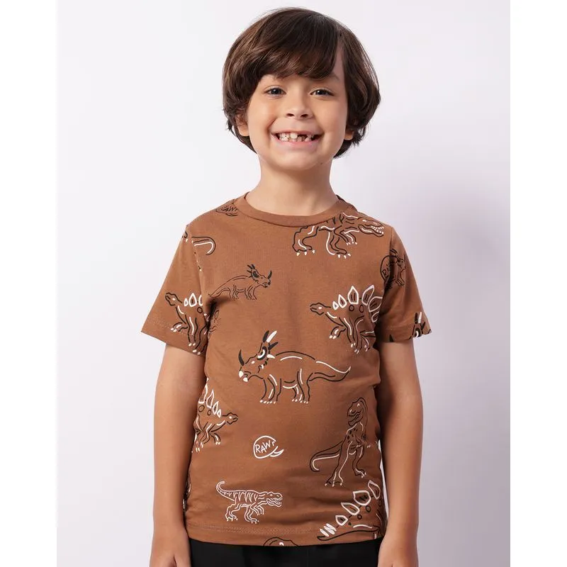 Camiseta Infantil Estampada Dinossauro Manga Curta Marrom 10