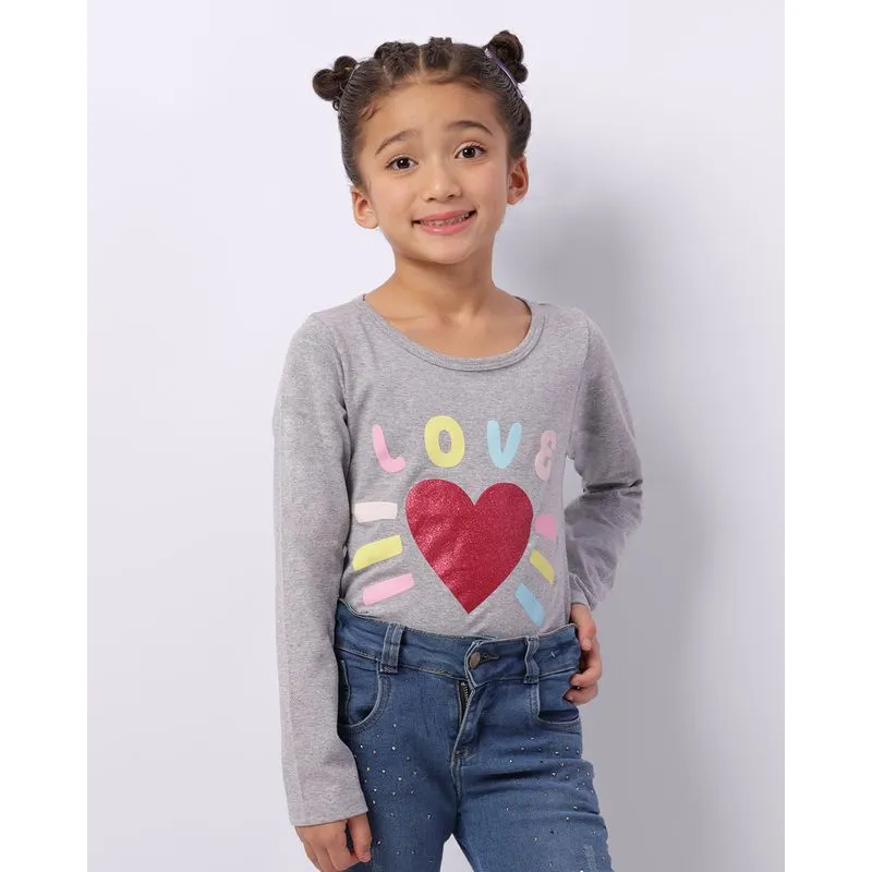 Blusa Infantil Manga Longa Estampa Coração com Glitter Cinza 8
