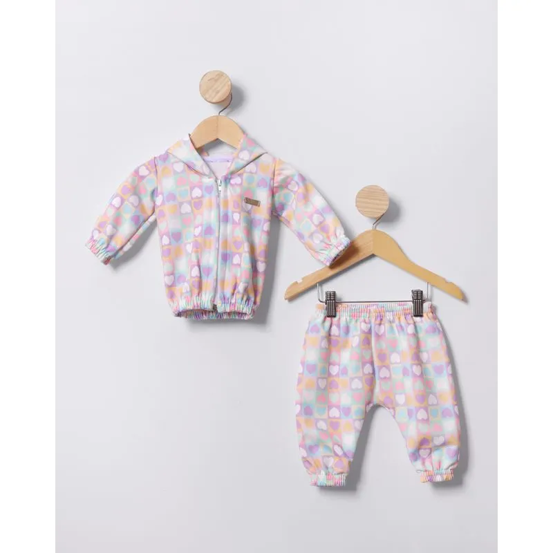 Conjunto Moletom Bebê Com Capuz Estampa Corações Lilás P