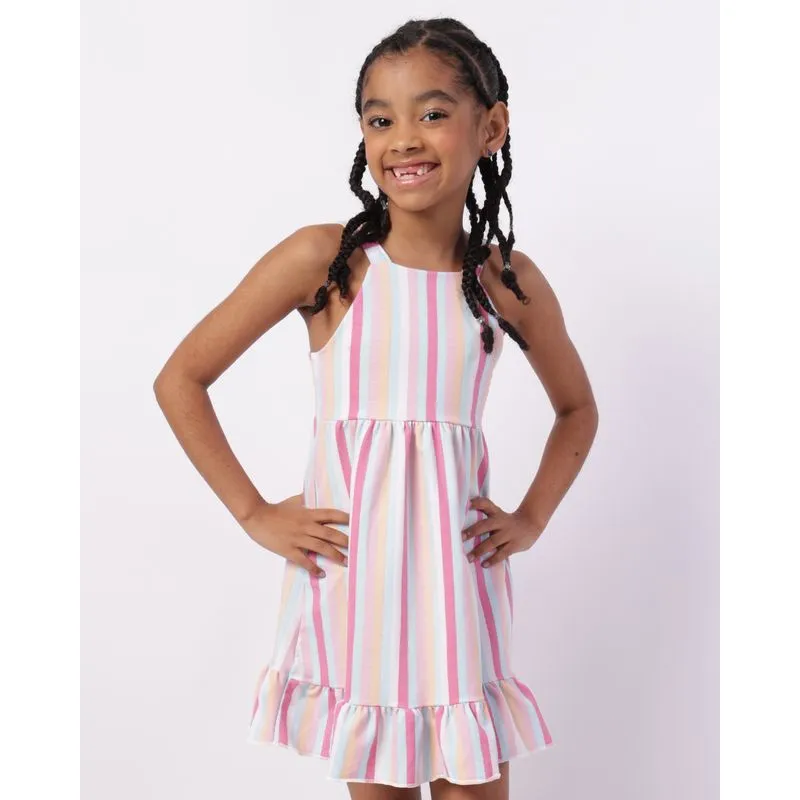 Vestido Infantil Curto Listrado com Babado Rosa 10