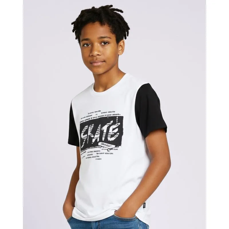 Camiseta Juvenil Algodão Estampa Skate Manga Raglan Branca 16