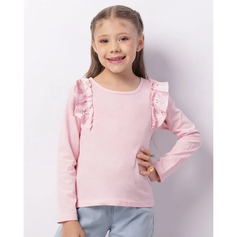 Blusa Infantil Manga Longa Babado Laise Rosa 4