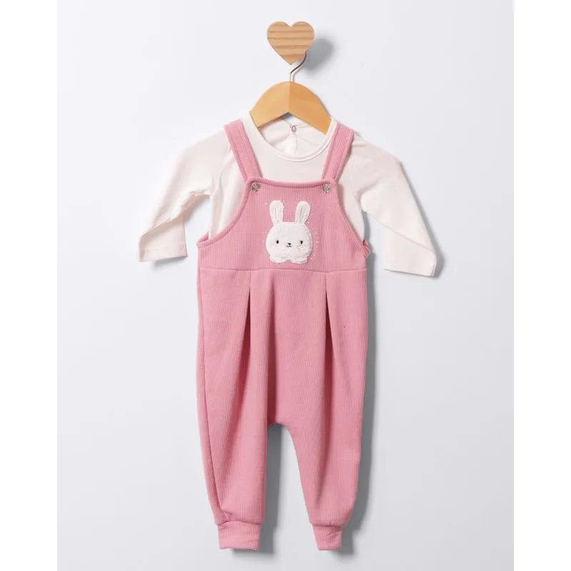 Conjunto Jardineira Bebê Longo Bordado Coelho Rosa P