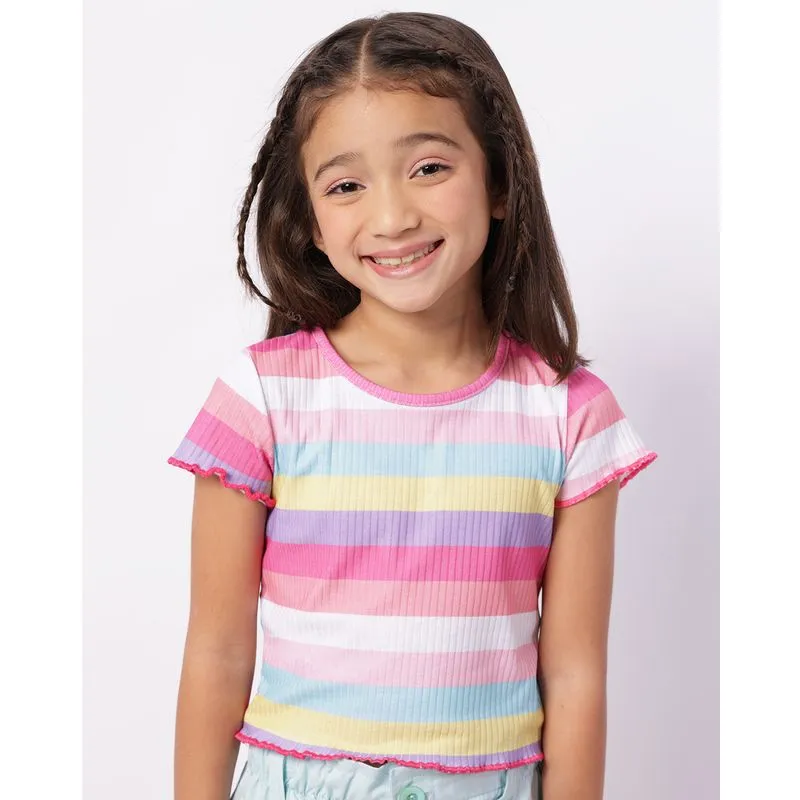 Blusa Infantil Canelada Listrada com Frufru Rosa 6