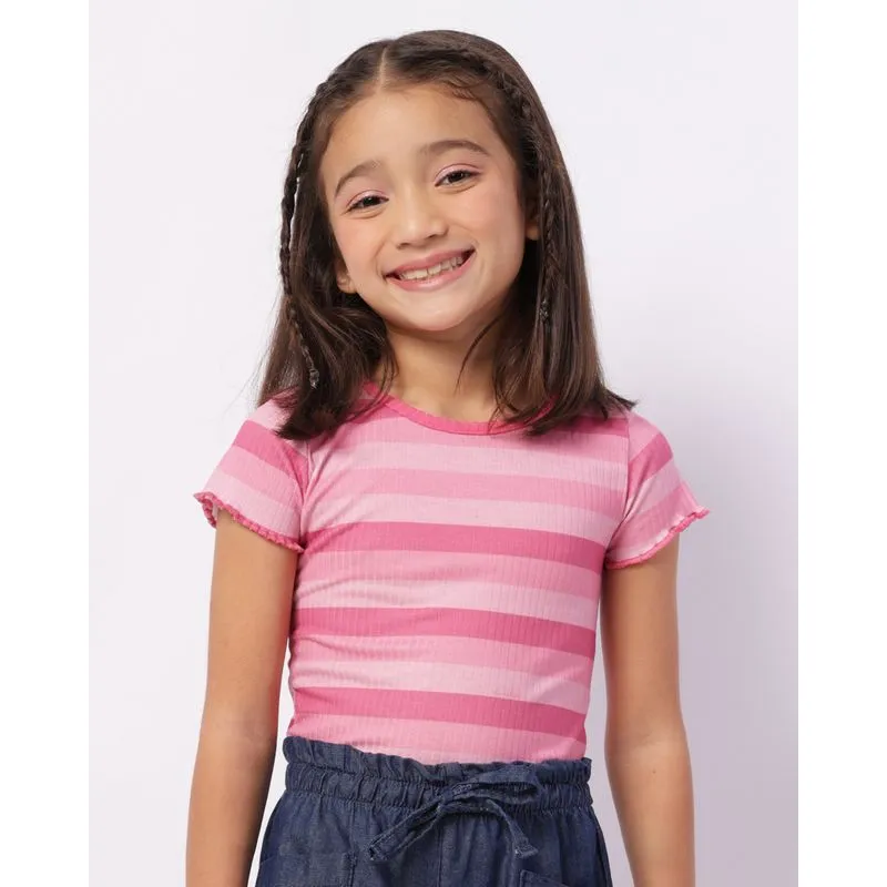 Blusa Infantil Canelada Listrada com Frufru Rosa 10
