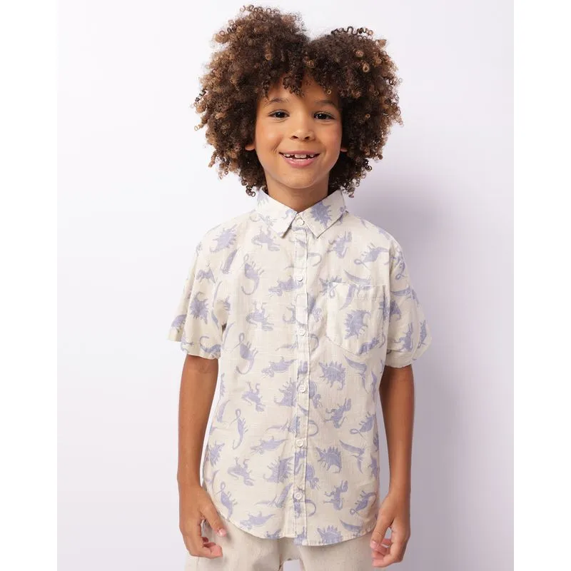 Camisa Infantil Manga Curta Estampa Dinossauro Bege 10
