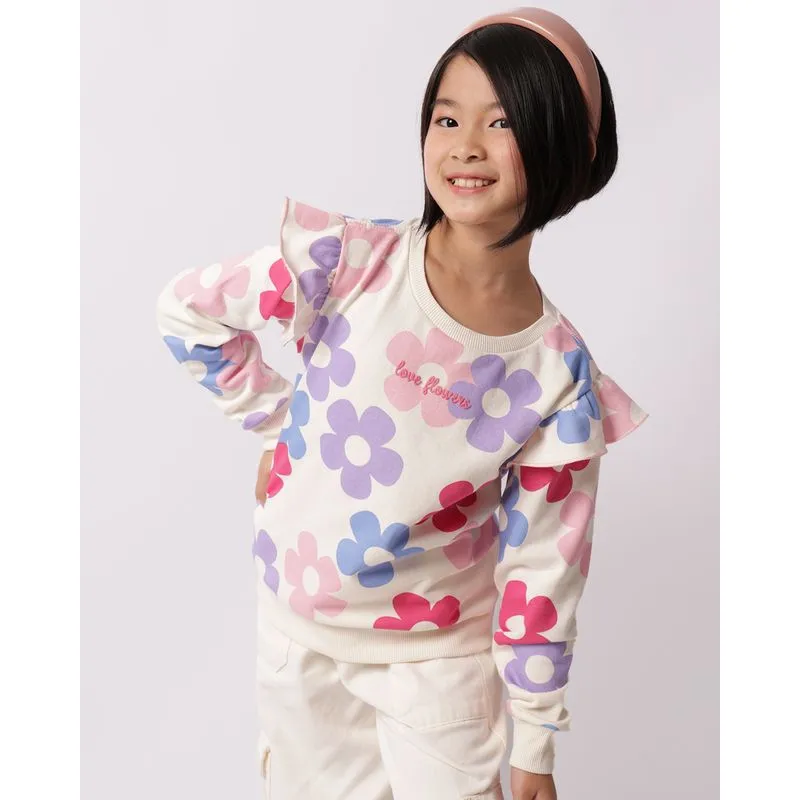 Blusão Moletom Infantil Estampado Flores Com Babado Off White 8