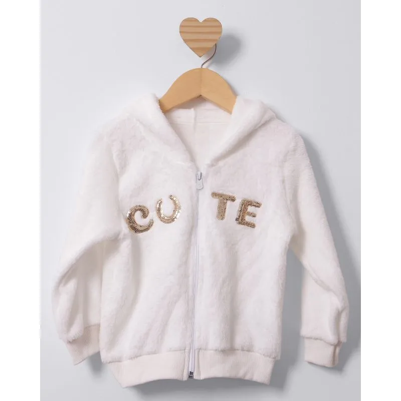 Jaqueta Bebê Peluciada Com Capuz Estampa Paetê Off White 2