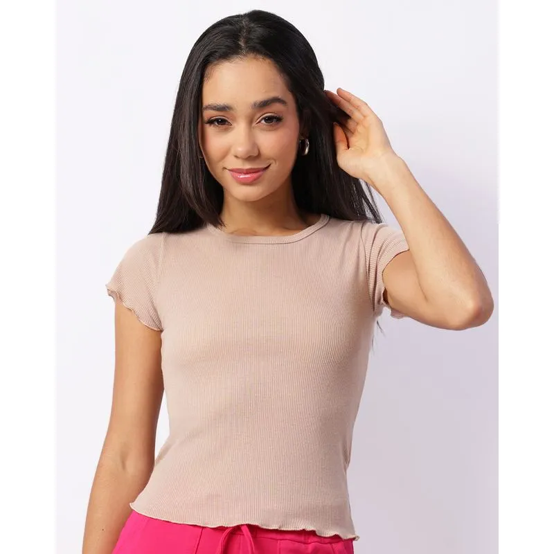 Blusa Feminina Manga Curta Frufru Ribana Bege G