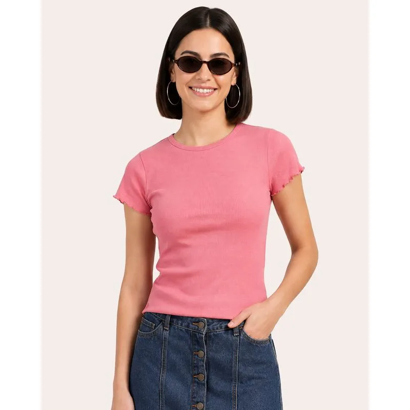 Blusa Feminina Básica Canelada Frufru Rosa P