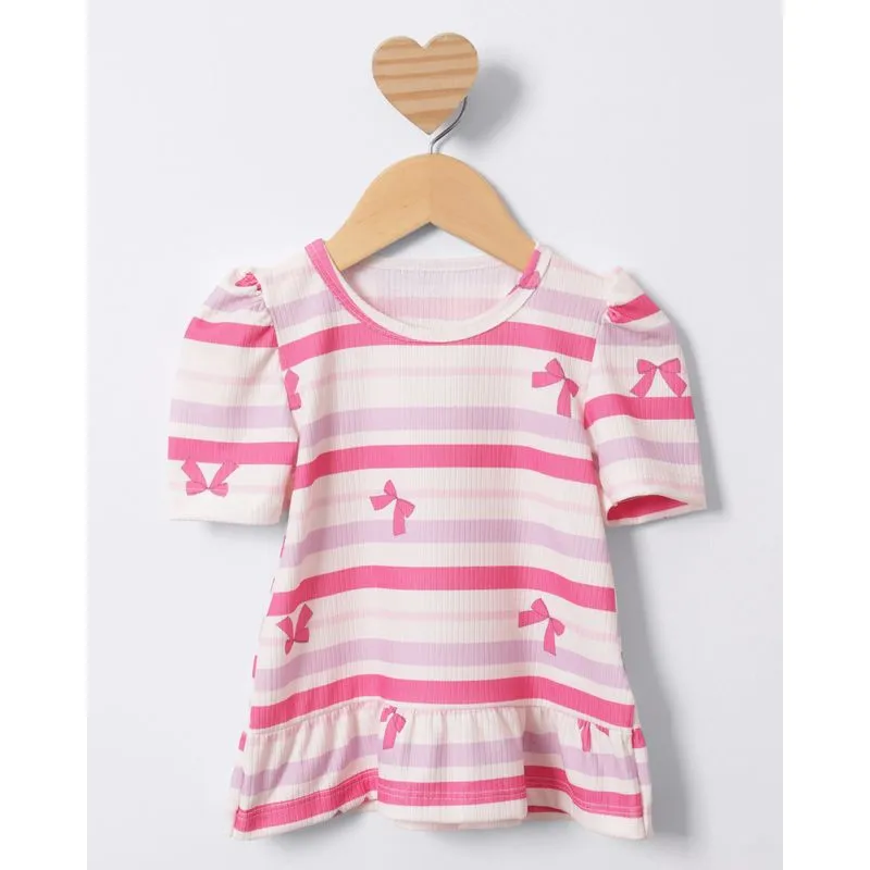 Blusa Bebê Manga Curta Bufante Estampa Laços Listrada Rosa 2