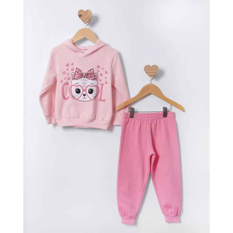 Conjunto Moletom Bebê Com Capuz Estampa Gatinha Rosa 1