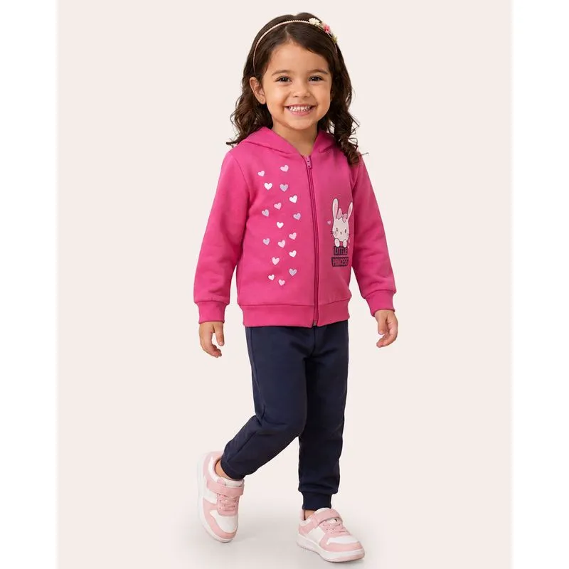 Conjunto Moletom Bebê Estampa Coelhinha Com Capuz Rosa 3