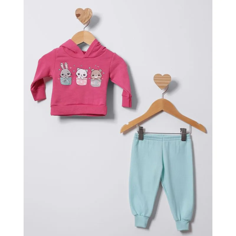 Conjunto Moletom Bebê Capuz Estampa Bichinhos Rosa M