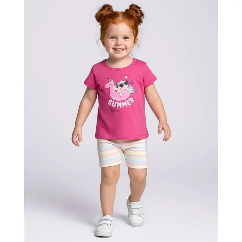 Conjunto Bebê Manga Curta Estampa Boia de Unicórnio Rosa 1