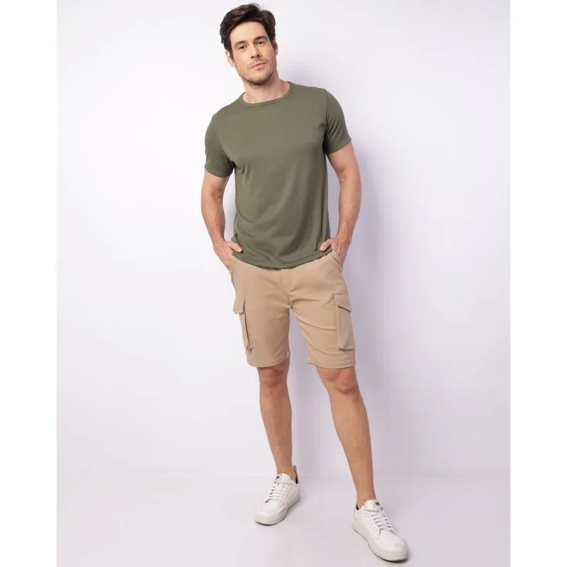 Bermuda Masculina Sarja Cargo Cordão Elástico Bege 48