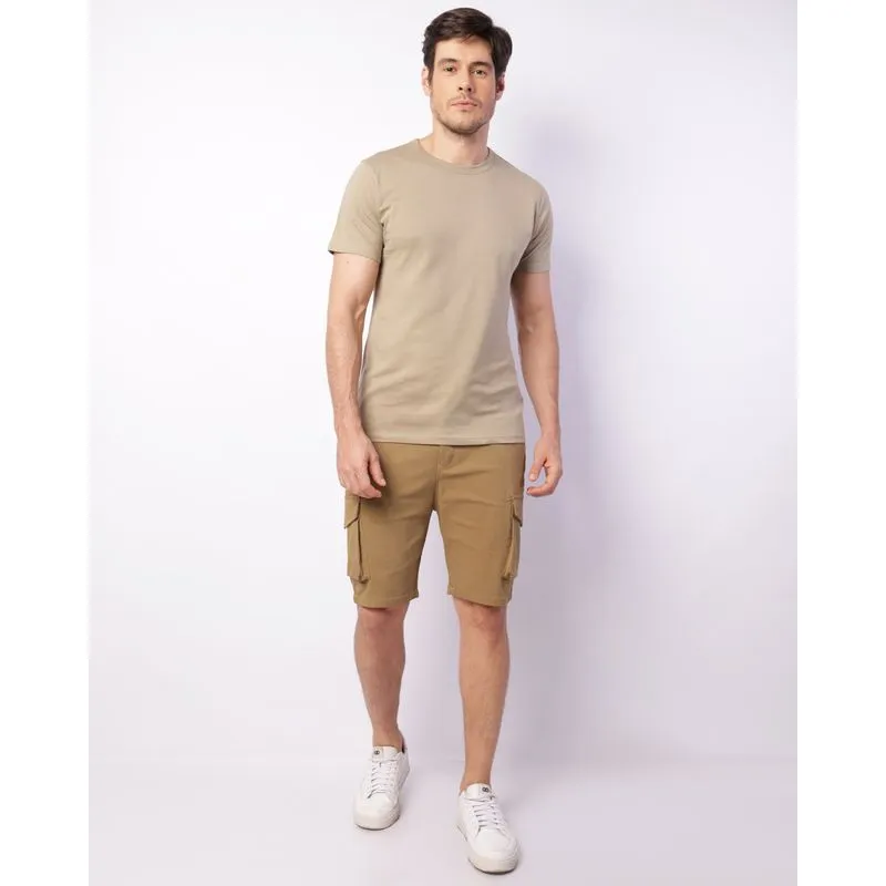 Bermuda Masculina Sarja Cargo Cordão Elástico Bege Escuro 44