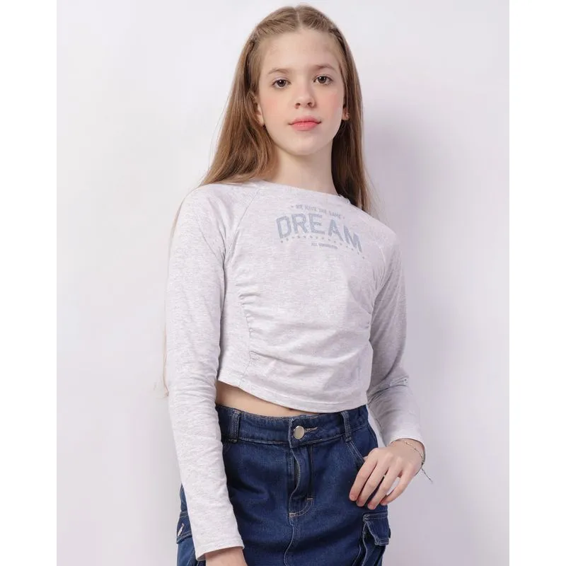 Blusa Juvenil Cropped Com Franzido Estampa Dreams Cinza 14
