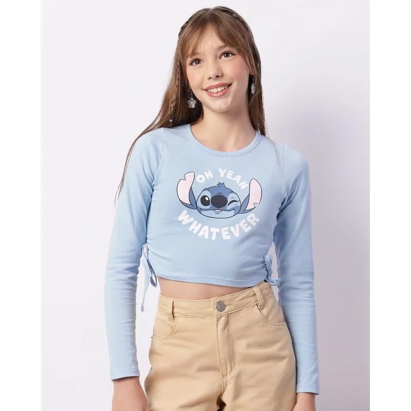 Blusa Juvenil Cropped Disney Stitch Manga Longa Azul 12