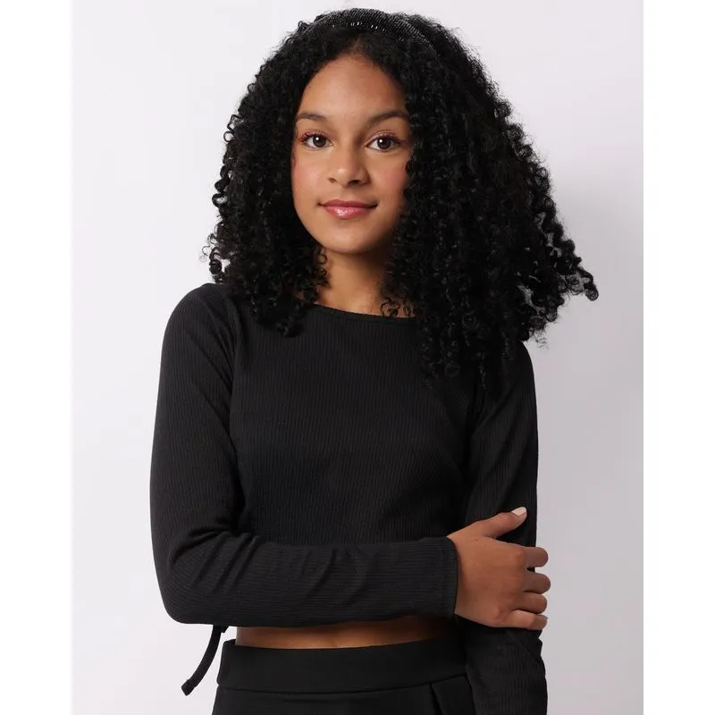 Blusa Juvenil Manga Longa Cropped Canelada Colissê Preta 14