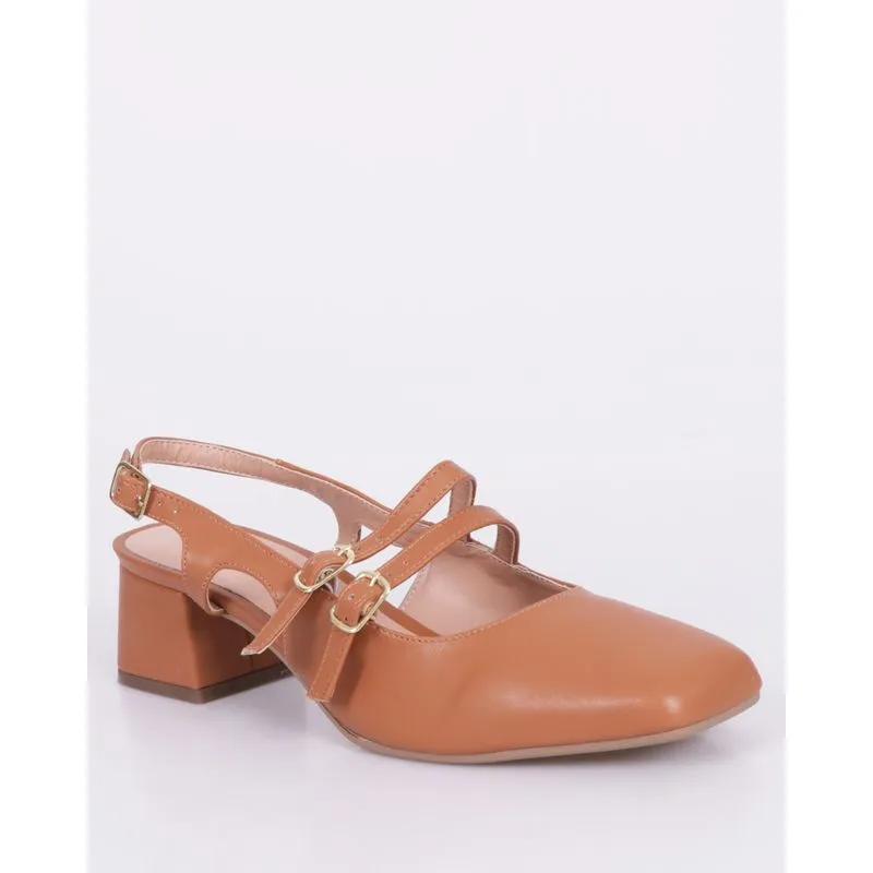 Sapato Feminino Boneca Slingback Salto Grosso Tiras Duplas Marrom 37
