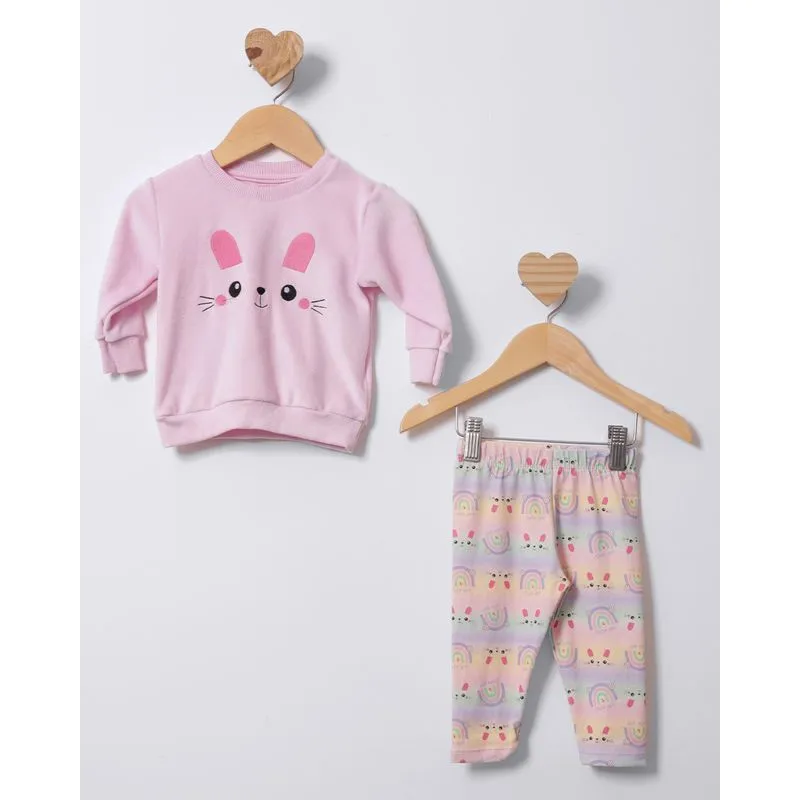 Conjunto Bebê Longo Fleece Com Bordado Coelhinho Rosa G