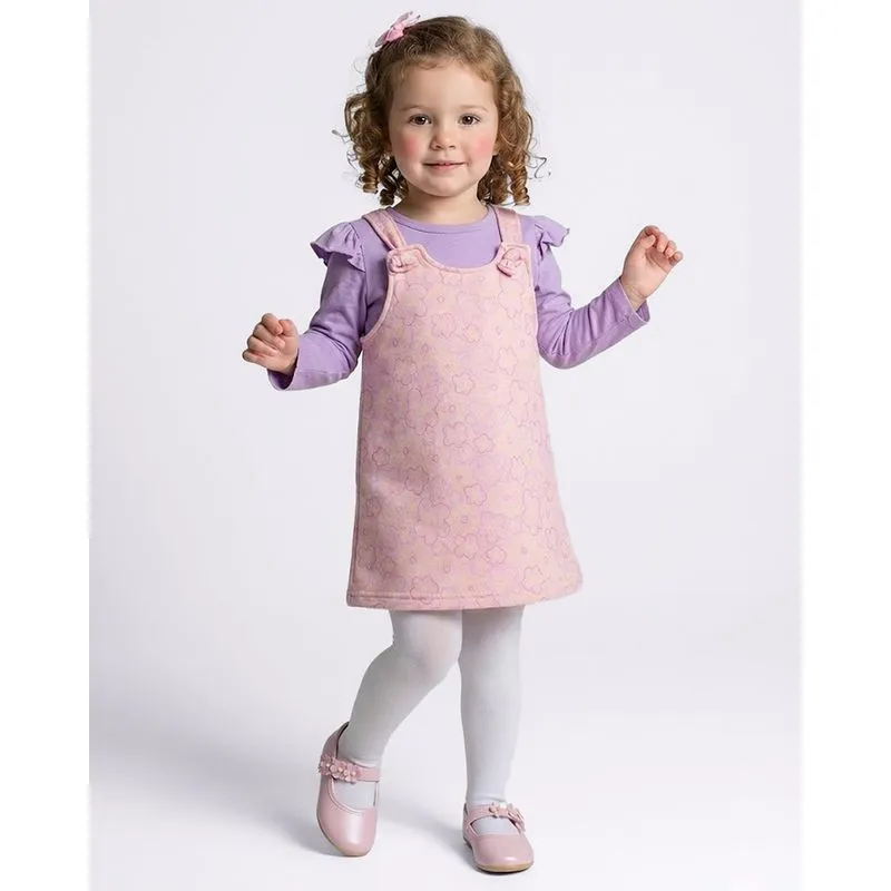 Conjunto Jardineira Bebê Manga Longa Estampa Flores Rosa 1