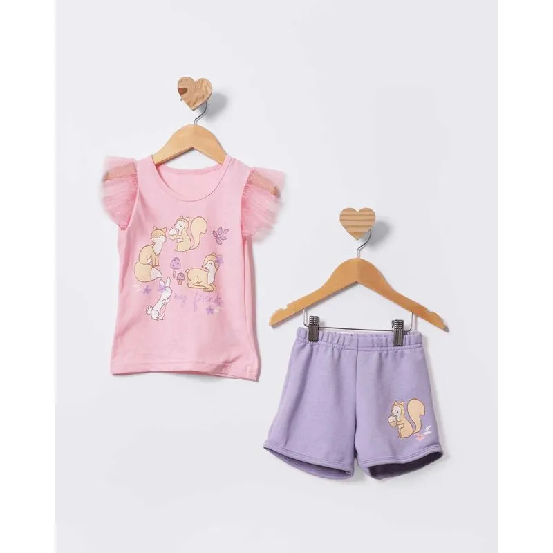 Conjunto Bebê Curto Manga Tule Bichinhos Rosa 3
