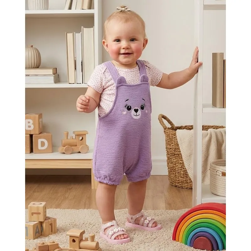 Conjunto Jardineira Bebê Curto Texturizado Bordado Urso Lilás M