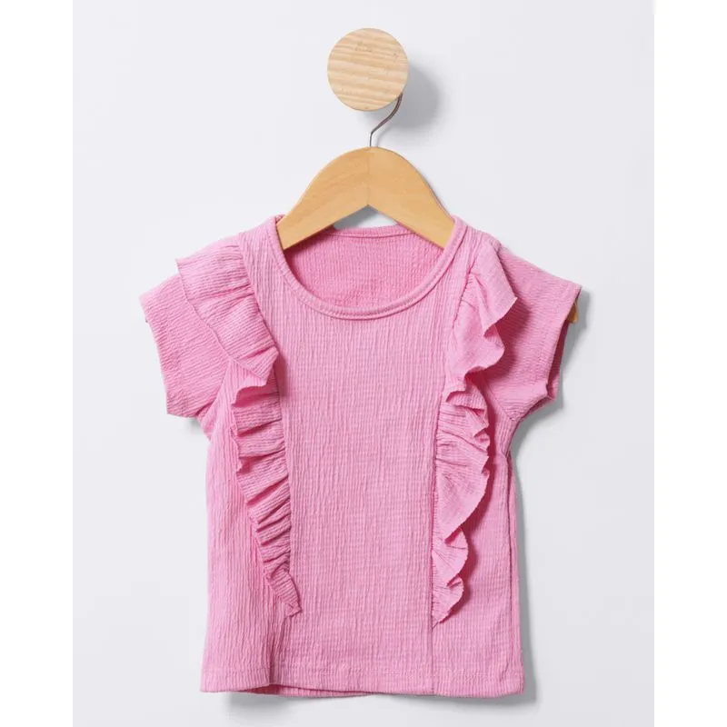 Blusa Bebê Manga Curta Anarruga Com Babado Rosa 1