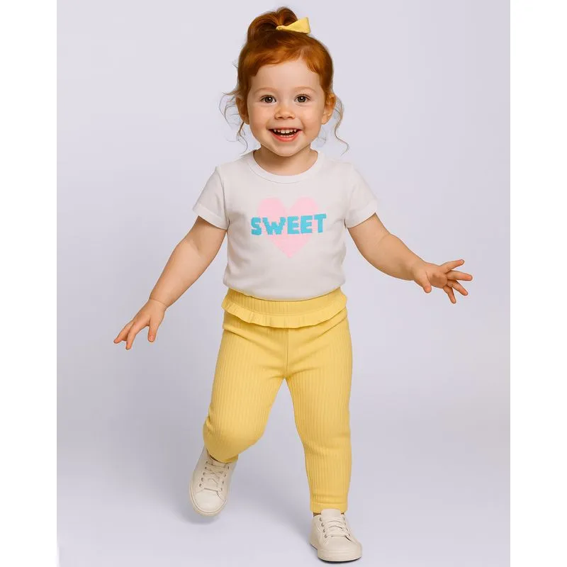 Calça Legging Bebê Canelada com Babado Amarela 3