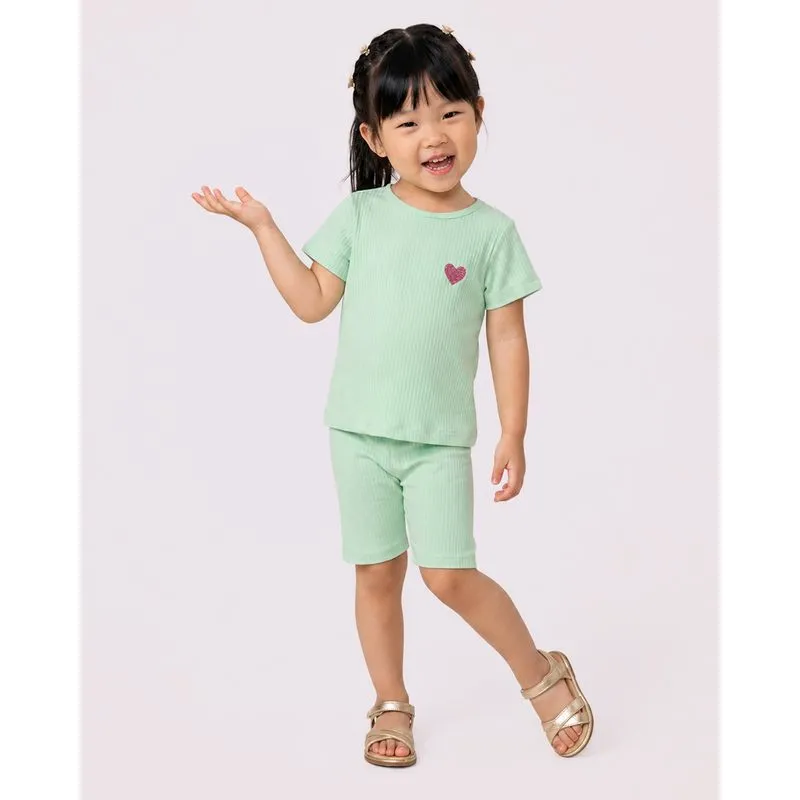 Conjunto Bebê Curto Canelado Aplique Coração Verde 2