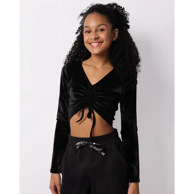 Blusa Juvenil Cropped Veludo Colissê Frontal Preta 12