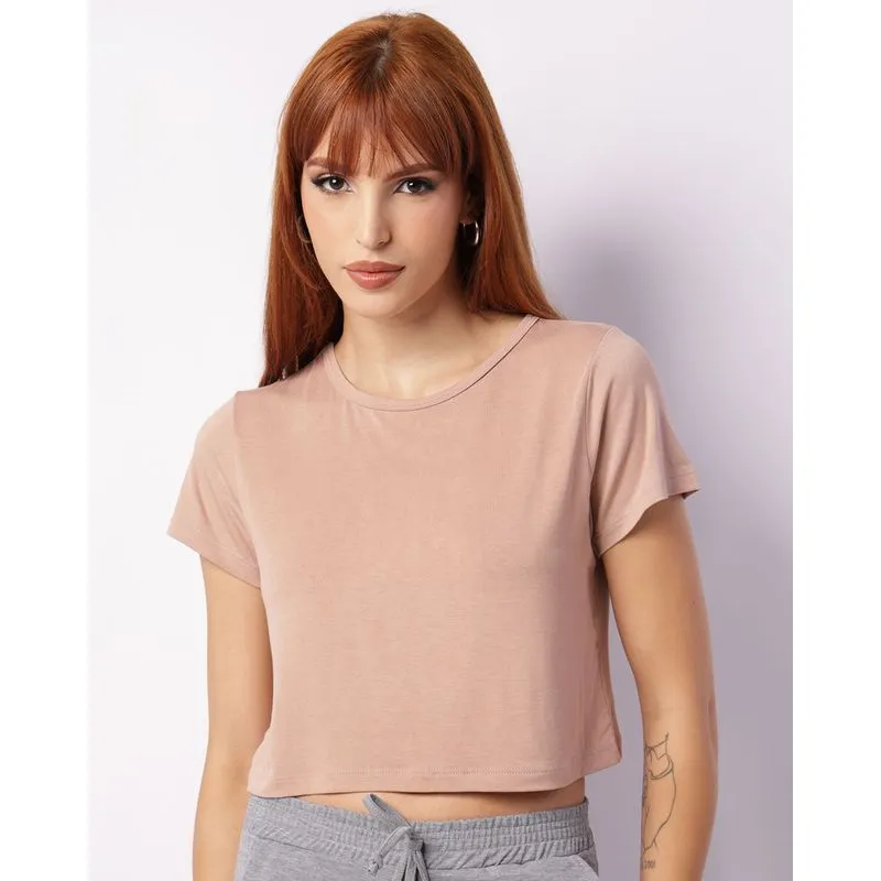 Blusa Feminina Cropped Básica Manga Curta Bege G