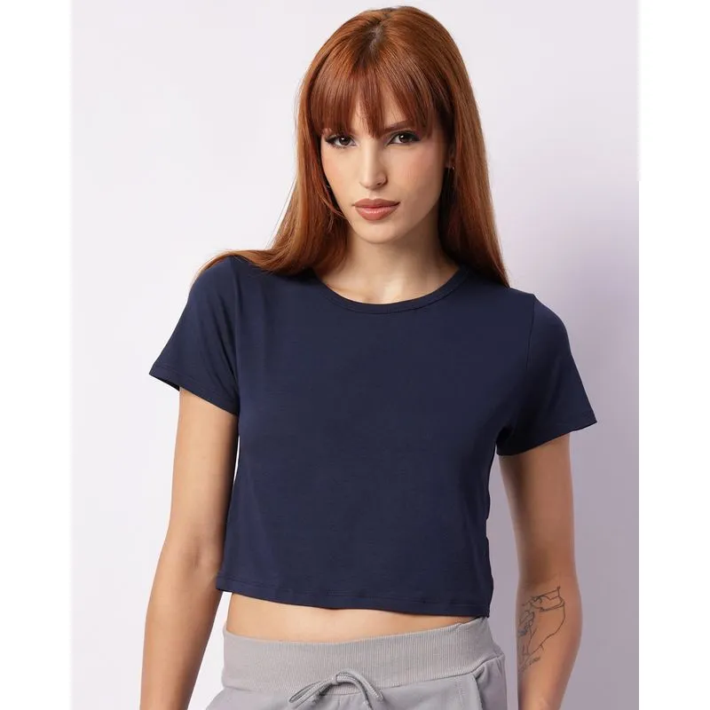 Blusa Feminina Cropped Básica Manga Curta Marinho M