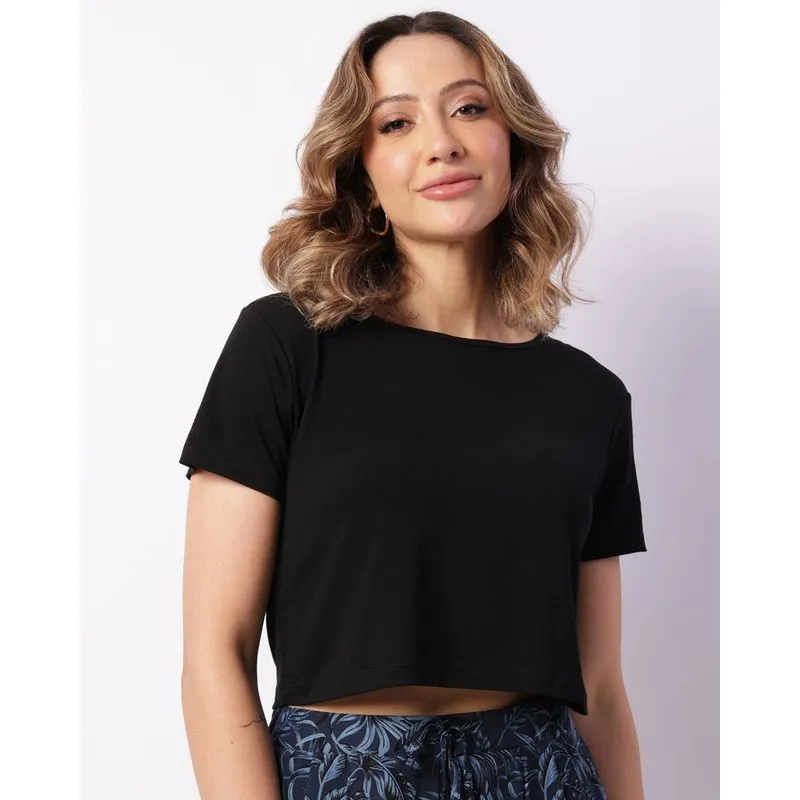 Camiseta Feminina Cropped Manga Curta Preta G
