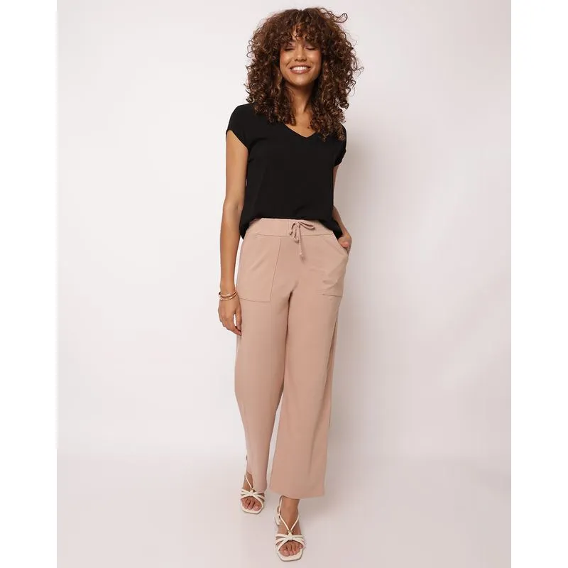 Calça Feminina Pantalona Com Bolso Bege M