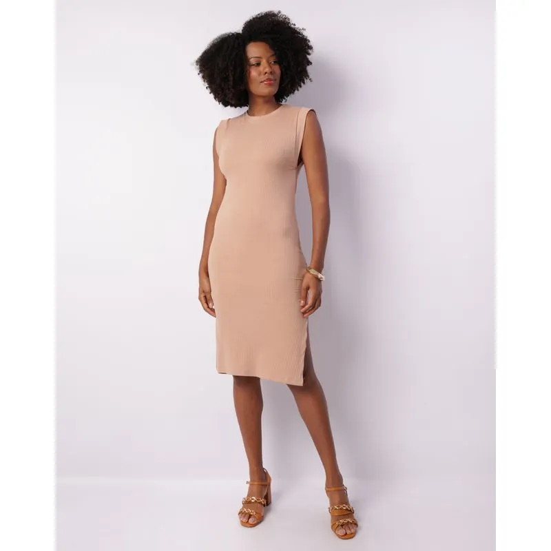 Vestido Feminino Curto Canelado Com Fenda Bege P