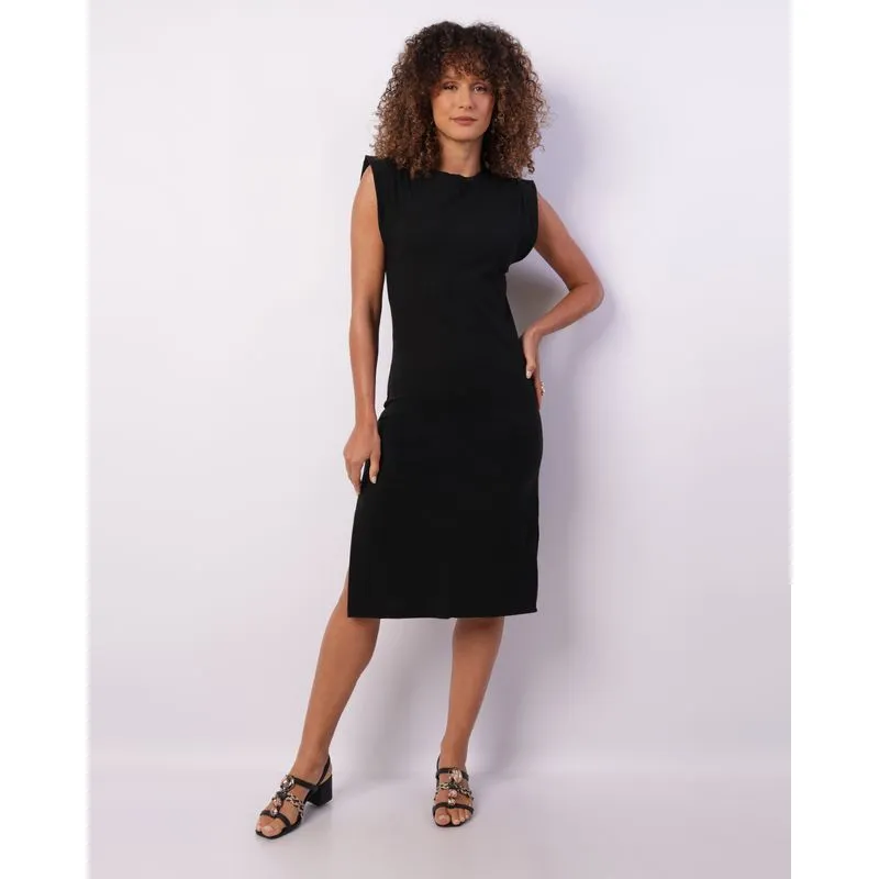 Vestido Feminino Curto Canelado Fenda Lateral Preto G